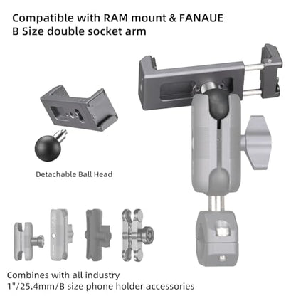 FANAUE Aluminum Phone Holder with 1" Ball Head Adapter Compatible with RAM mounts B Size Double Socket arm (CPC-08)