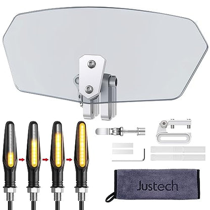 Justech Motorcycle Windshield Spoiler Adjustable Clip On Wind Deflector with 4 Pieces 12LEDS Motorcycle Amber Flowing Turn Signal Lights