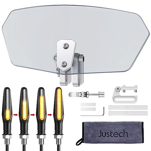 Justech Motorcycle Windshield Spoiler Adjustable Clip On Wind Deflector with 4 Pieces 12LEDS Motorcycle Amber Flowing Turn Signal Lights