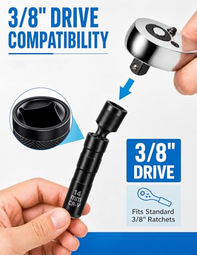 2026 Upgraded 14mm Swivel Magnetic Spark Plug Socket, 3/8" Drive 12-Point Thin Wall Spark Plug Socket, CR-V Steel with Black Phosphate Coating, Professional Removal Tool