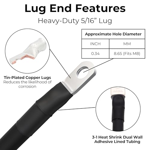 2 AWG Battery Cable with Battery Terminals, Pure Copper Wire, Automotive, Power Inverter, Welding, Golf Cart, Lawn Mower, Motorcycle (Black Wire, 3 FT (36 in), 5/16" to Top Post Neg, 1pc) - color: Black, size: 3 FT 5/16 TO TOP POST NEGATIVE