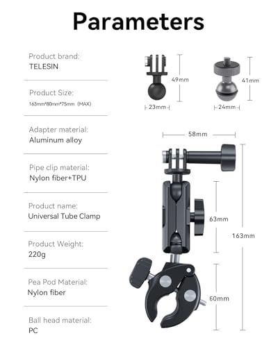 TELESIN Camera Clamp Mount Bike Motorcycle Handlebar Mounts Accessories,360 Ball Joint Tube Roll Bar Holder Clip for GoPro Mission 1 PRO/DJI Osmo Pocket 4/ Action 6 5 4/ Insta360 Luna Ultra/Xtra Muse