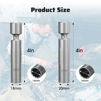 14mm & 16mm Thin Wall Magnetic Swivel Spark Plug Socket, 3/8-Inch Drive 12-Point Spark Plug Socket Removal Tool 360-degree Rotation, for Maximize Flexibility - size: 14mm&16mm, 4", 12-Point