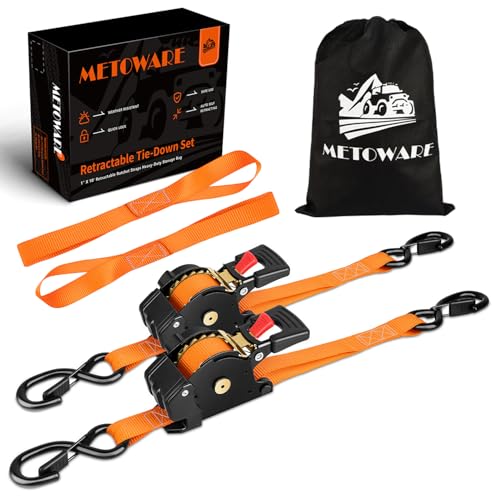 METOWARE Retractable Ratchet Straps (2-Pack) - 1 in x 10 Ft (1500lb Break Strength) - Heavy Duty Auto Self Retracting Tie Down Straps for Truck, Trailer, Cargo Van, Motorcycle - Orange - color: Orange, size: 2-pack