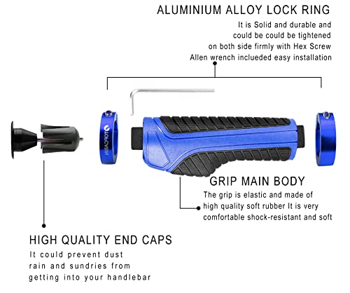 TOPCABIN Ergonomic Bike Grips - Widen Holding Rubber Grips with Aluminum LockGrips for Mountain & Road Bikes - color: Knife Style, Blue/Black (Aluminum Lock Plug)1 Pair