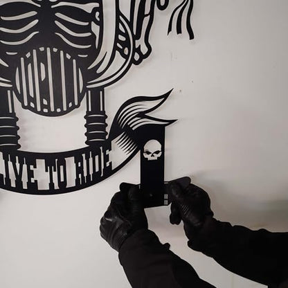 Handmade Metal Skull Wall Hanger – “Live To Ride” Motorcycle Helmet and Jacket Rack – Black Steel Wall Art for Garage, Man Cave, or Workshop Gift (52X59cm/20X23 Inches) - size: 52X59cm/20X23 Inches