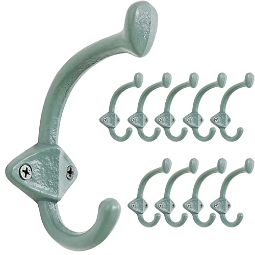 Dseap Cast Iron Wall Hooks L=5”, Heavy Duty Coat Hooks, Rustic Vintage Farmhouse Hook for Hanging Winter Coats Jackets Towels Hats Bags Plants, Mint Green, Pack of 10 (ShieldBold) - color: Mint Green, size: L=5" (Pack of 10)