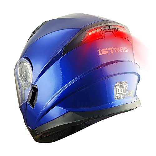 1Storm New Motorcycle Bike Modular Full Face Helmet Dual Visor Sun Shield with Rechargeable LED Tail Light: Glossy Blue - color: Glossy Blue, size: Small