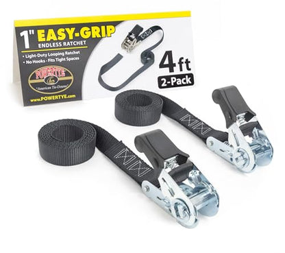 PowerTye 1in x 4ft Easy-Grip Light-Duty Endless Ratchet (no Hooks) - 400 lb. Working Load Limit / 1,200 lb. Breaking Strength - Black 2-Pack - color: Black, size: 1in x 4ft
