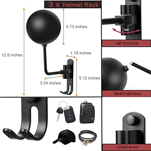 SANGMO 3 Pack 180° Motorcycle Helmet Rack, Rotation Metal Helmet Holder Wall Mount, Helmet Holder Bike with 2 Hooks Helmet Hanger for Motorcycle Bike Coats, Caps, Baseballs, Rugby Helmet(3 Pack) - color: Black*3