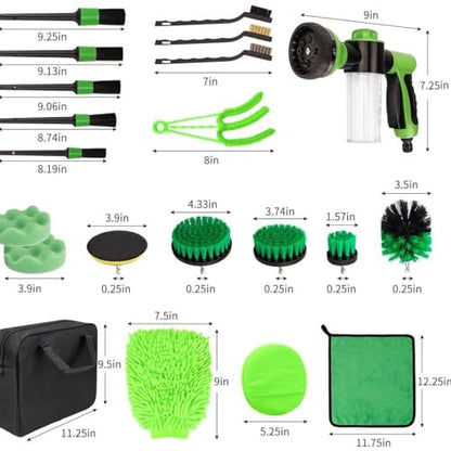 21 Piece Car Detailing Kit with 8 in 1 Car Wash Foam Gun, 5 Detailing Brushes, 4 Drill Brush Attachments, Sponge Polishing Pads, and 3 Wire Brushes for Truck Motorcycle RV and