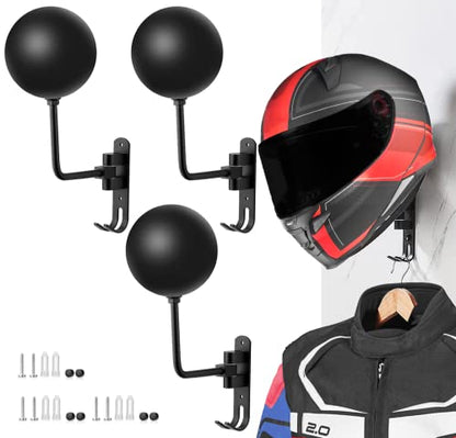 SANGMO 3 Pack 180° Motorcycle Helmet Rack, Rotation Metal Helmet Holder Wall Mount, Helmet Holder Bike with 2 Hooks Helmet Hanger for Motorcycle Bike Coats, Caps, Baseballs, Rugby Helmet(3 Pack) - color: Black*3