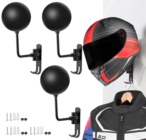 SANGMO 3 Pack 180° Motorcycle Helmet Rack, Rotation Metal Helmet Holder Wall Mount, Helmet Holder Bike with 2 Hooks Helmet Hanger for Motorcycle Bike Coats, Caps, Baseballs, Rugby Helmet(3 Pack) - color: Black*3