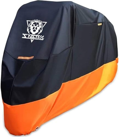 XYZCTEM Motorcycle Cover – All Season Waterproof Outdoor Protection – Precision Fit up to 96.5 Inch Tour Bikes, Choppers and Cruisers – Protect Against Dust, Debris, Rain and Weather(XL,Black& Orange) - size: 96.5"