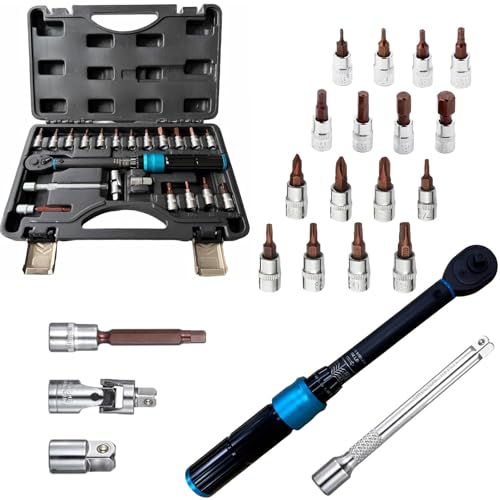 1/4-Inch Drive Click Torque Wrench Set, 44.3~221.3 IN.LB/5-25 N.m, ±3% Accuracy, 72-Tooth Dual Range Scales Adjustable Torque Wrench for Car Repair, Bike, Motorcycle
