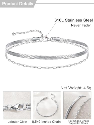 U7 Silver/Gold Ankle Bracelets for Women Layered Chain Anklets Stainless Steel Waterproof Summer Beach Anklet Cham, Adjustable 8.5"-10.5" - color: Silver - Flat Snake Chain+Paperclip Chain