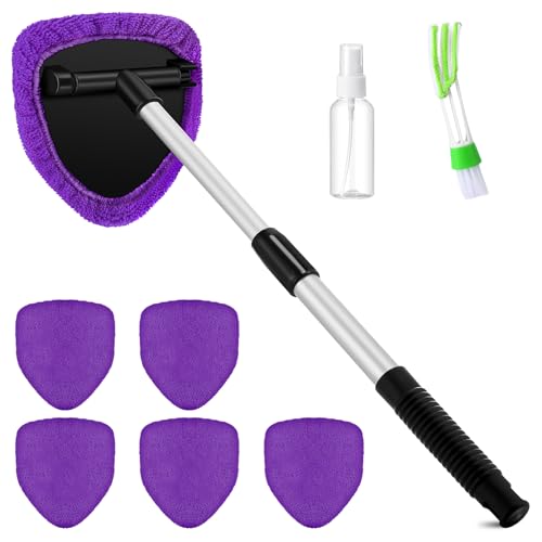 Potchen 8 Pcs Car Windshield Cleaner Tool Kit with Extendable Handle, Microfiber Towel Pads, Brush, Empty Spray Bottle for Auto Glass Wiper Suvs Rvs & Home Windows(Purple) - color: Purple