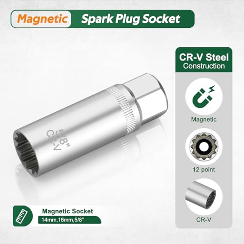 3/8" Drive Spark Plug Socket Set, 13Pcs SAE & Metric 5/8" x 12", 5/8" x 6", 13/16" x 6", 14mm, 16mm, 5/8", 12 Point, Swivel Magnetic Spark Plug Removal Tool for Cars and Motorcycles - size: 13Pcs