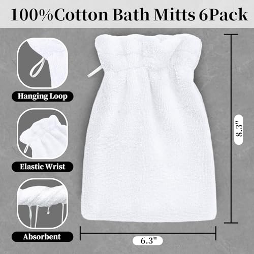VOOVA & MOVAS White Exfoliating Washcloth 6PC, 8.3"x6.3" - 100% Cotton, Soft Absorbent Body Shower Glove Washcloth with Hanging Loop, Wash Mitts for Body - color: White