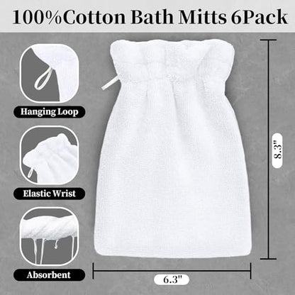 VOOVA & MOVAS White Exfoliating Washcloth 6PC, 8.3"x6.3" - 100% Cotton, Soft Absorbent Body Shower Glove Washcloth with Hanging Loop, Wash Mitts for Body - color: White