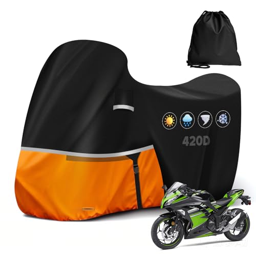 Waterproof Motorcycle Cover for Kawasaki Ninja 400/500/650 Z900 ZX6R (No Trunk Models), 420D Oxford Cloth Heavy Duty Motorbike Cover for Snow Rain UV Dust All Weather Outdoor Protection