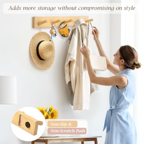 Coat Rack Wall Mount, Wooden Coat Hanger with 5 Hooks, Heavy Duty, Natural, 1 Pcs - color: Natural