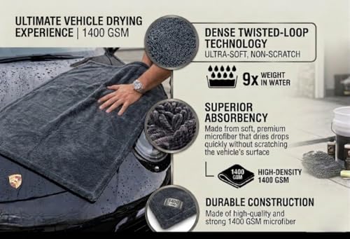 Automotive Detailing Twisted Loop Drying Towel, 1400GSM, 36"x24", Streak Free, Lint Free, Reusable, Microfiber Cleaning Cloth for Car, Truck, SUV - color: Dark Grey
