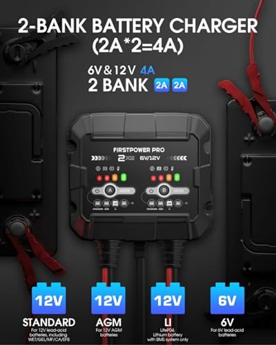 2-Bank, 4A (2A/Bank) Trickle Charger for Car Battery, 12V 6V Car Battery Charger, Automotive Battery Trickle Charger, Maintainer, for Motorcycle Lawn Mower AGM, Lithium Batteries-1PC