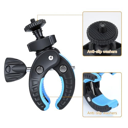 UTEBIT Camera Clamp Mount, Large Clamp Opening Aluminum Alloy Clip Mount, 360° Rotation Shockproof & Anti-Slip Action Camera Clamp with 3/8" to 1/4" Reducer Nut for DSLRs Smartphones Black/Blue - color: Black + Blue