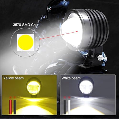 LED Motorcycle Auxiliary Lights,Driving Fog Lights for Motorcycle, 12V White and Amber Running spotlights, 2Pcs