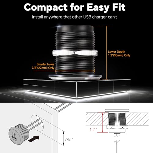 12V USB Outlet All-Aluminum QC 3.0 USB-A & USB-C PD3.0 Dual Fast Car Charger Socket, Recessed Mount Car USB Port for Car Truck Boat RV Camper Van Trailer (Small Version*2) - color: Small Version*2