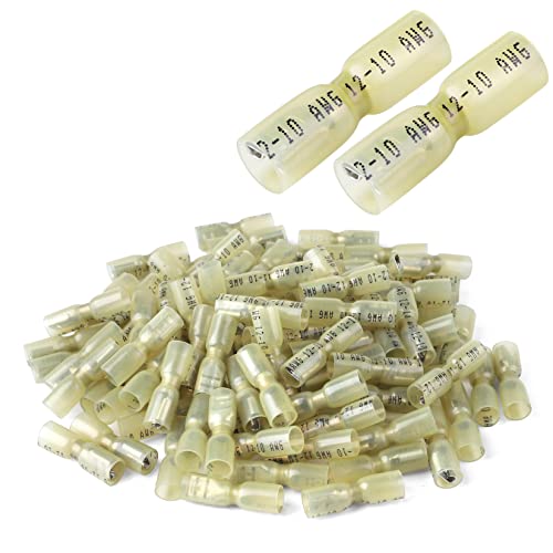 100 PCS 12-10 AWG Waterproof Heat Shrink Quick Disconnect Connectors, Crimp Electrical Wire Female Spade Connectors Insulated Disconnect for Marine Automotive Motorcycle Home Wiring (Yellow) - size: [12-10 AWG] Female x 100