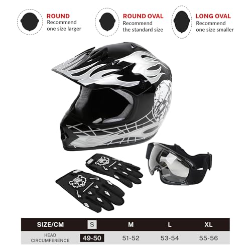 SLMOTO Dot Youth and Kids Motocross Offroad Street Helmet Motorcycle Helmet Dirt Bike Motocross ATV Helmet+Goggles+Gloves Black Skull Design,Small - color: Black Skull, size: Small