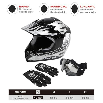 SLMOTO Dot Youth and Kids Motocross Offroad Street Helmet Motorcycle Helmet Dirt Bike Motocross ATV Helmet+Goggles+Gloves Black Skull Design,Small - color: Black Skull, size: Small