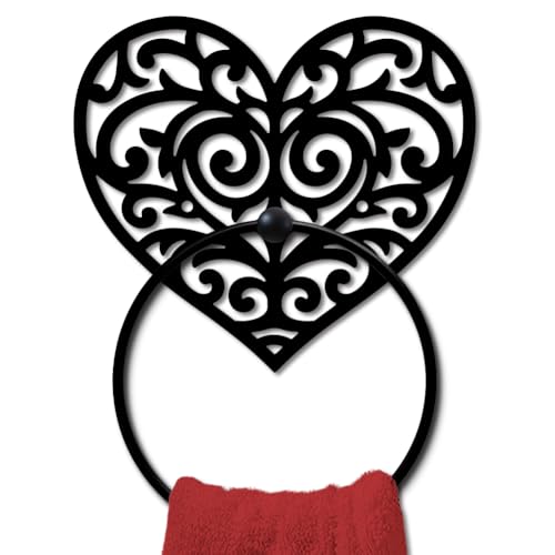 MAYJOYDIY Heart Floral Metal Towel Ring, Romantic Heart Love Black Hand Towel Holder, Vintage Floral Pattern Hanging Ring Wall Mounted Bathroom Accessories for Bathroom Kitchen Home Decoration Gift - color: Heart Floral
