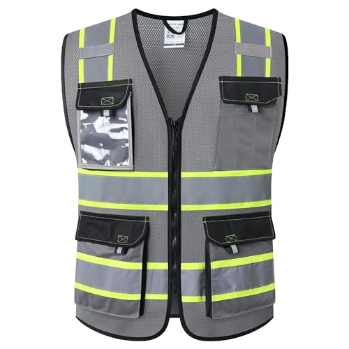 JKSafety Hi Vis Reflective Safety Vests for Men Women High Visibility Vest with Pockets Mesh Fabric Construction Safety Apparel Neon Vest for Work (220-Grey L) - color: Jk220-grey, size: Large