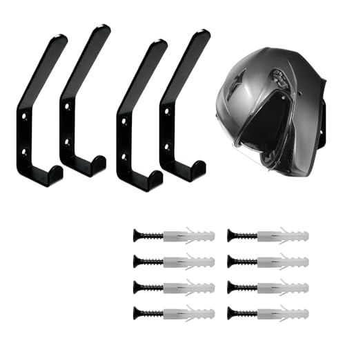 4PCS Motorcycle Helmet Holder Hook, Wall Mounted Motorbike Jacket Display Rack with Mounting Screws, Heavy Duty Metal C Style Double-Hook Rack for Helmets Clothes Bags
