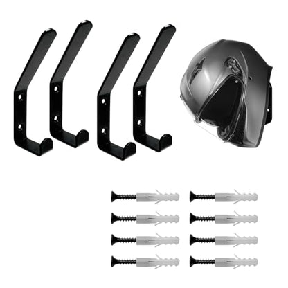 4PCS Motorcycle Helmet Holder Hook, Wall Mounted Motorbike Jacket Display Rack with Mounting Screws, Heavy Duty Metal C Style Double-Hook Rack for Helmets Clothes Bags
