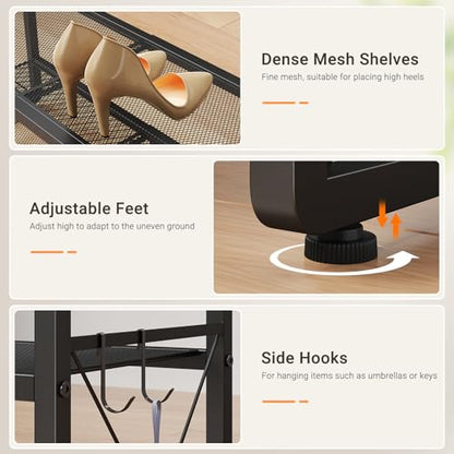 ELYKEN Shoe Rack, 4-Tier Expandable Shoe Organizer for Entryway, Metal Black Shoe Shelf with 8 Hooks, Adjustable Shoe Stand Holder for Closet, Garage, Door Entrance - size: 4-Tier