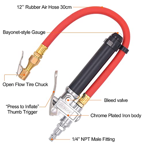Tire Inflator 10-120 PSI Tire Pressure Gauge with 12 Inch Air Hose，Lock on Air Chuck, Heavy Duty 1/4'' NPT Tire Inflator Gauge Compatible with Air Pump Compressor for Car Truck Motorcycle Bike - size: 12" hose tire inflator gauge