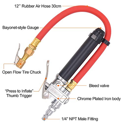 Tire Inflator 10-120 PSI Tire Pressure Gauge with 12 Inch Air Hose，Lock on Air Chuck, Heavy Duty 1/4'' NPT Tire Inflator Gauge Compatible with Air Pump Compressor for Car Truck Motorcycle Bike - size: 12" hose tire inflator gauge