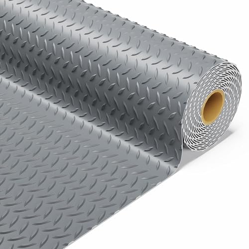 4x8 FT Garage Floor Mat, Upgraded 3.6mm Extra Thick Heavy Duty Flooring Roll for Under Car, Golf Cart Mat, Diamond Plate Rubber Motorcycle Mat, Non-Slip Floor Protector for Garage, Gray - color: Gray, size: 4x8FT