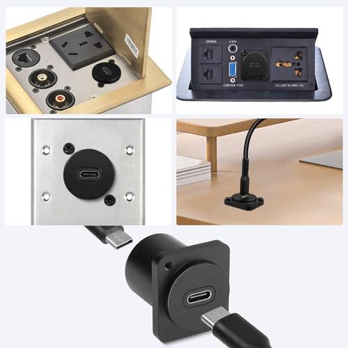 QIANRENON 10Gbps USB-C to USB-C Panel Mount Adapter, Type-C 3.1 Female to Female Straight Connector, 100W Charging, Integral Al Alloy Housing, D-Type/XLR Panel Mount, Extension