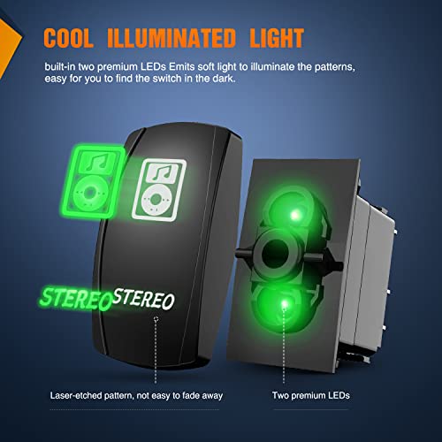 Nilight Stereo Rocker Switch Led Light Bar 5Pin Laser On Off SPST switches 20A/12V 10A/24V Green with Jumper Wires Set for Cars Trucks RVs - color: Green, size: STEREO