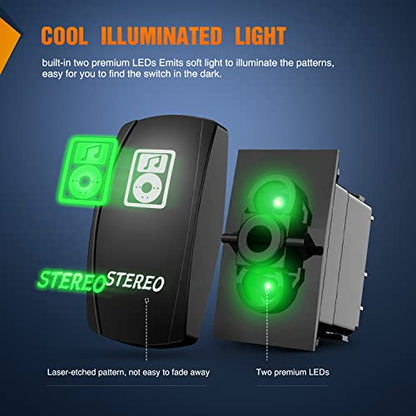 Nilight Stereo Rocker Switch Led Light Bar 5Pin Laser On Off SPST switches 20A/12V 10A/24V Green with Jumper Wires Set for Cars Trucks RVs - color: Green, size: STEREO