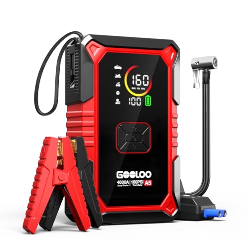 GOOLOO A5 Jump Starter with Air Compressor, 4000A Car Battery Jump Starter (All Gas/10.0L Diesel) with 160PSI Tire Inflator Auto-Off, 45W PD Fast Charging, 12V Jump Box Car Jumper Starter Portable - color: Red