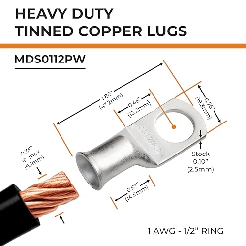 SELTERM 25pcs 1 AWG 1/2" Stud Marine Grade Tinned Copper Battery Cable Lugs, 1 Gauge Ring Terminals, UL Wire Lugs Electrical Battery Cable Ends, Tinned Copper Lugs Battery Terminal Connectors - color: Tinned Copper Lugs, size: 1 Awg - 1/2" (M12) Ring