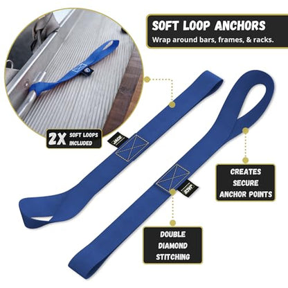 JACO Retractable Ratchet Straps - 1 in x 15 ft (2-Pack) (1,760lbs Break Strength) | Auto Self Retracting Cargo Tie Down Strap Set (Blue) - color: Blue, size: 2-Pack