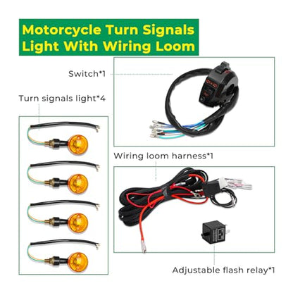 Universal Motorcycle Turn Signal Light Kit with Wiring Harness & Adjustable Flash Relay, 4PCS Amber LED Indicator Lights, Horn Switch Handlebar Control, Plug and Play for Dirt Bike Scooter ATV