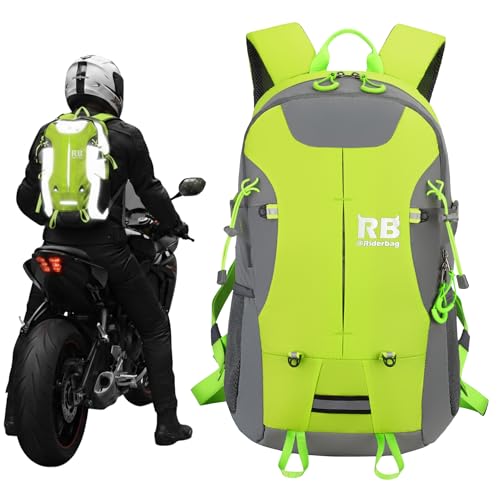 Reflective Motorcycle Backpack – Hi Viz EDC Commuter Bag for Riders, Night Travel, and Daily Use with Helmet Holder, Laptop Compartment, Ventilated Back, Urban Gear (green backpack) - color: Green